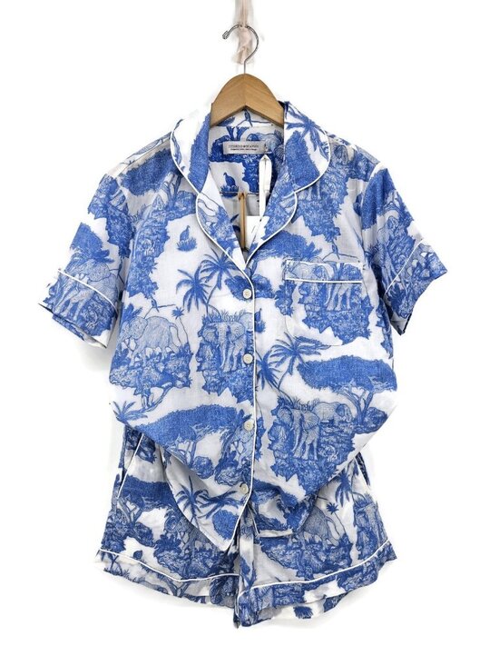 New Desmond & Dempsey Short Sleeve Pajamas Womens M Loxodonta Blue Elephants - Picture 2 of 10